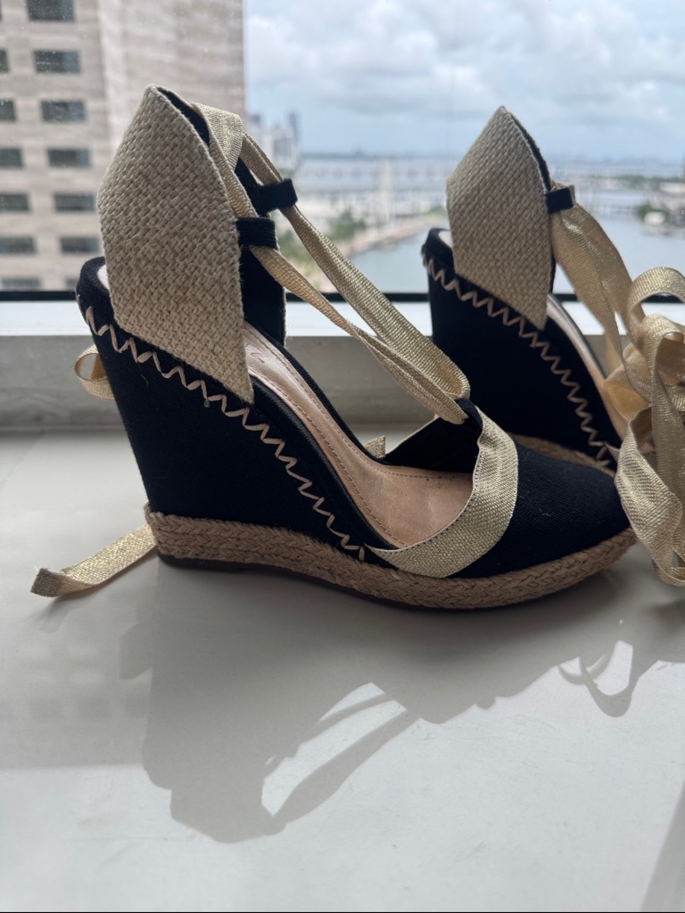 SCHUTZ Black and Gold Espadrille Wedge Lace-Up Sandals